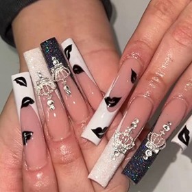 RUNRAYAY Pink Nude French Press on Fake Nails, Marble Medium Square Sharp Acrylic Press-On Fake Fingers Nail with Design for 