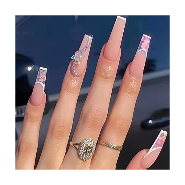 RUNRAYAY Pink Nude French Press on Fake Nails, Marble Medium Square Sharp Acrylic Press-On Fake Fingers Nail with Design for 