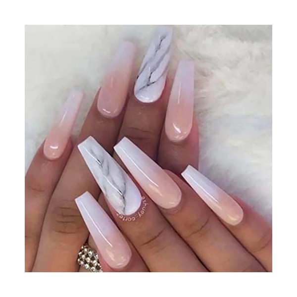 RUNRAYAY Pink Nude French Press on Fake Nails, Marble Medium Square Sharp Acrylic Press-On Fake Fingers Nail with Design for 