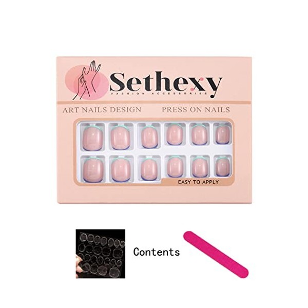 Sethexy Minimal Bleu Vert Français Faux Ongles Court Rose Faux Ongles Autocollants Brillant Ongles a coller 24 pièces Acryliq