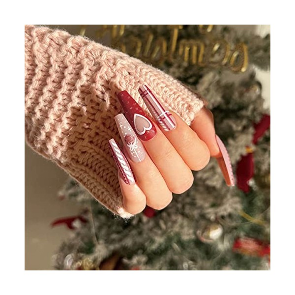 Bufenia Lot de 24 faux ongles en forme de cercueil de Noël en forme de flocon de neige ballerine à paillettes pour femmes et 