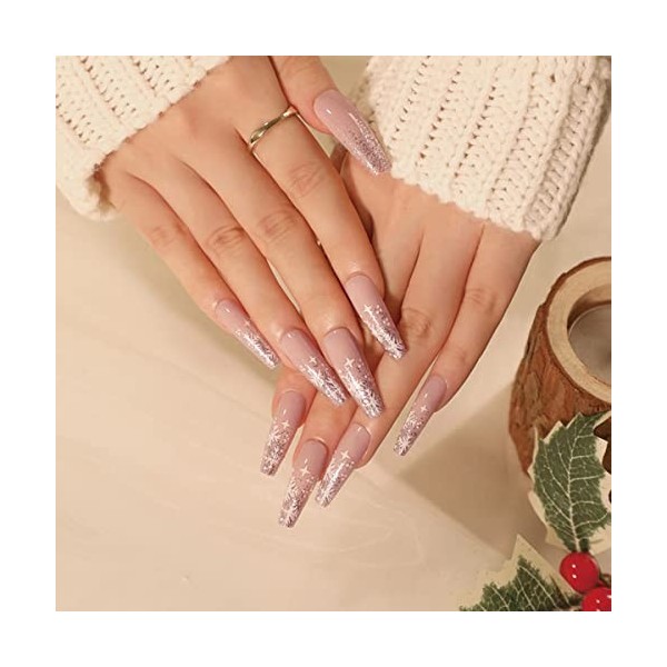 Bufenia Lot de 24 faux ongles en forme de cercueil de Noël en forme de flocon de neige ballerine à paillettes pour femmes et 