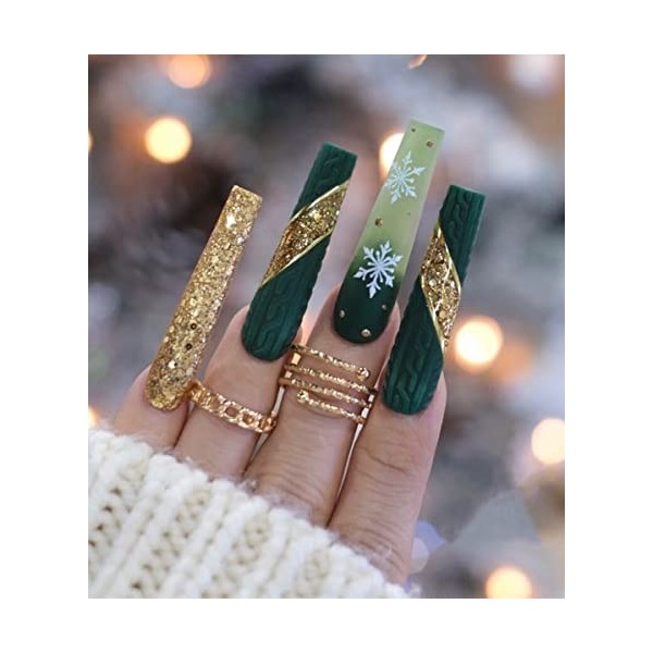 Sethexy Noël Vert Cercueil Faux ongles Paillettes Flocon de neige Ongles à presser Glossy 24Pcs Acrylique Ongles à coller pou