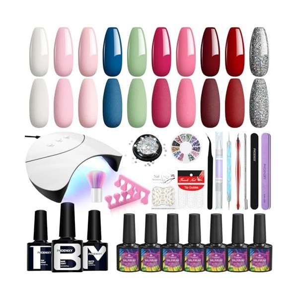 Kit Vernis Semi Permanent Complet Gel, Kit Manucure Semi Permanent Complet Phoenixy 10 Couleurs Vernis Gel avec 36W Lampe, Ki