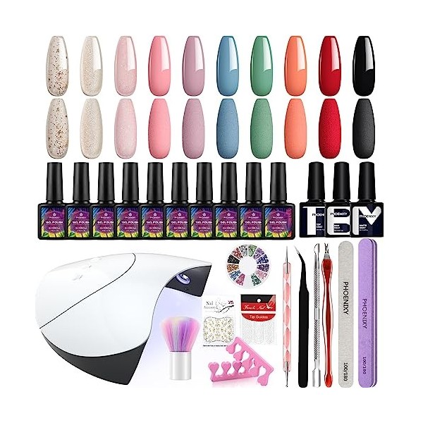 Phoenixy Kit de vernis à ongles gel avec lampe,10 couleurs,Lampe à ongles 36 W,Couche de base mate brillante,Outils de manucu