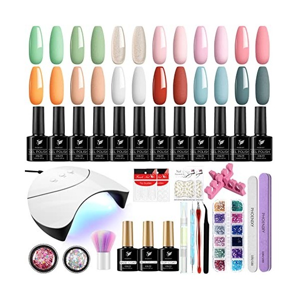 phoenixy Kit de démarrage de vernis à ongles gel 12 couleurs avec lampe à ongles UV/LED 36 W, kit à ongles gel Soak Off avec 