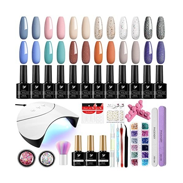 phoenixy Kit de démarrage de vernis à ongles gel 12 couleurs avec lampe à ongles UV/LED 36 W, kit à ongles gel Soak Off avec 