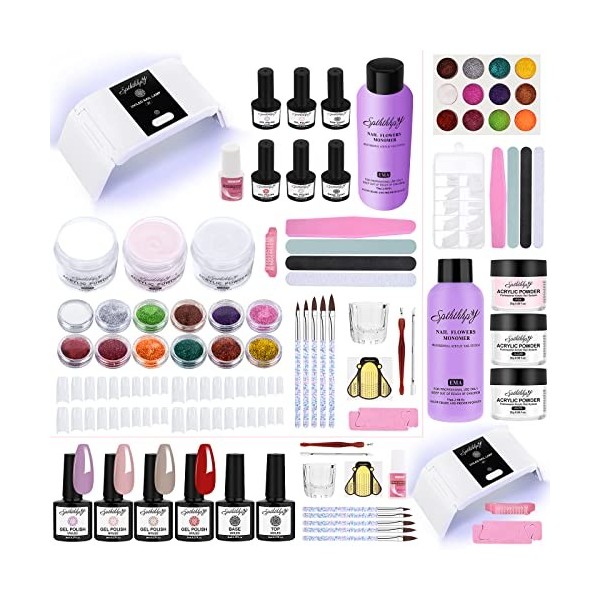 SPTHTHHPY Acrylic Nail Set of 6 UV Nail Polish Set with 48 W UV/LED Nail Lamp, Acrylic Powder Set and 90 ml Acrylic Liquid Pr