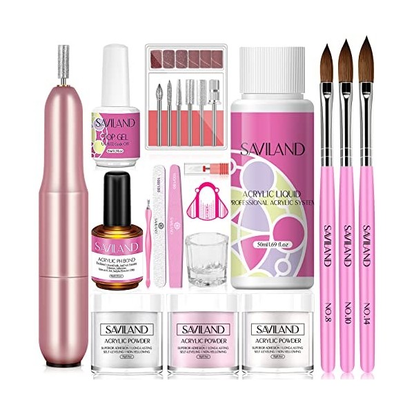 Saviland Kit Poudre Acrylique Ongle + Ponceuse Portable, Clair/Blanc/Rose Poudre Acrylique Super Fine, Liquide et Pinceaux Ac