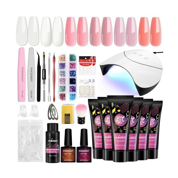 Phoenixy Poly Extension Gel Kit Complet, 6 Couleurs Kit Poly Ongle Gel Rose Blanc Manucure Kit avec 36W Lampe U V Base et Top