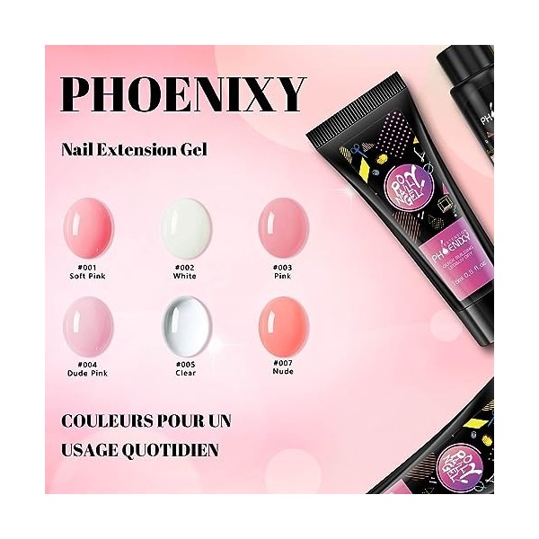 Phoenixy Poly Extension Gel Kit Complet, 6 Couleurs Kit Poly Ongle Gel Rose Blanc Manucure Kit avec 36W Lampe U V Base et Top