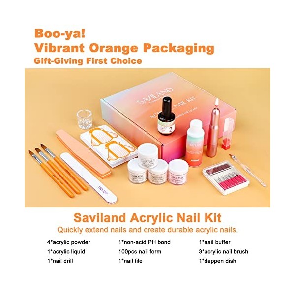 Saviland Kit Acrylique Ongle Complet + Ponceuse pour Ongles Professionnel, Clair/Blanc/Rose/Nudess Super Fine Poudre Acryliqu