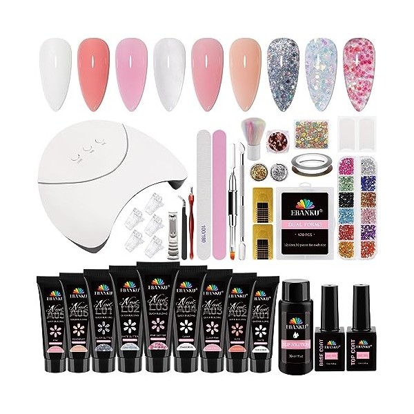 EBANKU Kit Ongles Gel UV Complet, 9 Couleurs Poly Gel Kit Complet Vernis Semi Permanent Extension Ongles avec Lampe Faux Ongl