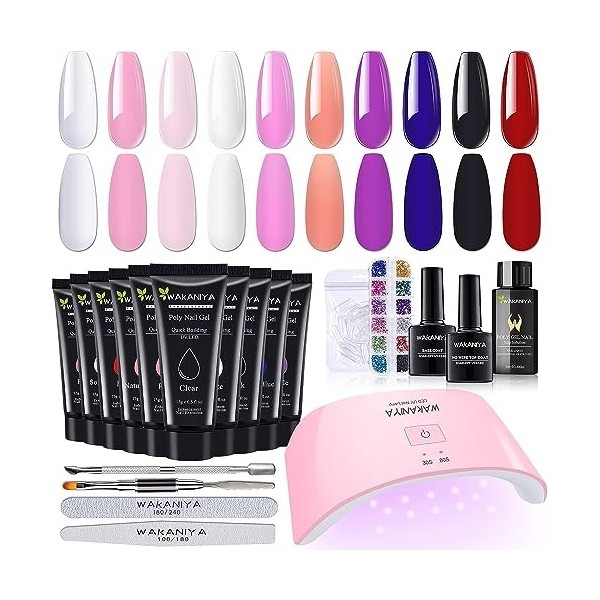 Kit de démarrage en poly gel avec lampe UV, 10 couleurs Nude transparent rose Kit dextension pour ongles avec base top coat 