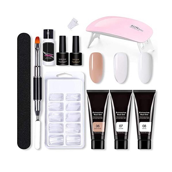 Kit Ongle Gel, Lampe à UV LED Kit Ongle Gel Manicure Kit avec 3 Couleurs 15ml Gel dExtensions dOngles Kit + Base Coat et To