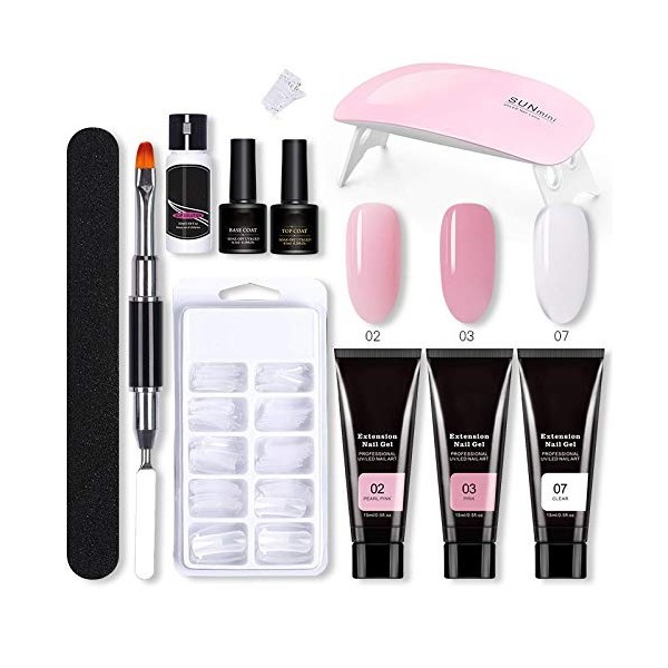 Kit Ongle Gel, Lampe à UV LED Kit Ongle Gel Manicure Kit avec 3 Couleurs 15ml Gel dExtensions dOngles Kit + Base Coat et To