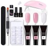 Kit Ongle Gel, Lampe à UV LED Kit Ongle Gel Manicure Kit avec 3 Couleurs 15ml Gel dExtensions dOngles Kit + Base Coat et To