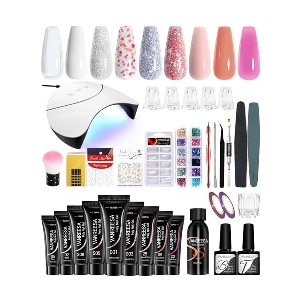 VANREESA Kit de gel à ongles en poly, 15 ml, 9 couleurs nude à paillettes, avec lampe à ongles U V 36 W, outils de manucure d