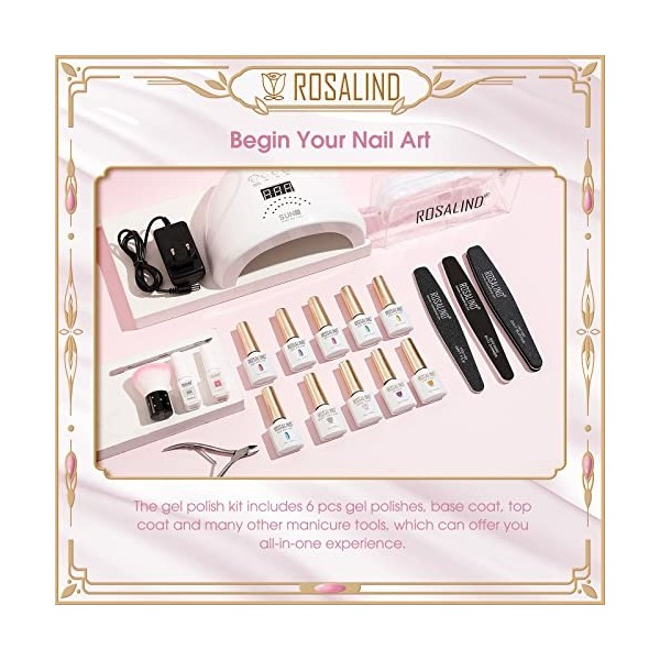 ROSALIND Kit Vernis Semi Permanent Complet UV LED Lampe 48W, 6 Couleurs 10ml Vernis Gel UV Semi Permanent Pastel avec 4PCS Ba