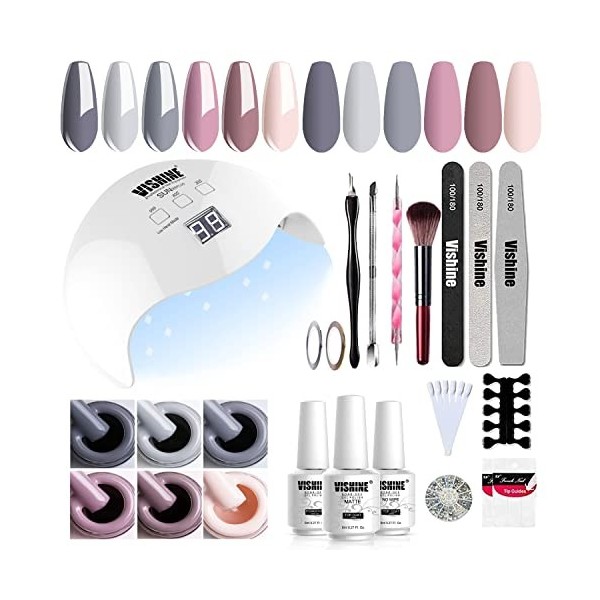 Vishine Kit de 40W UV LED Lampe Vernis Semi Permanent Lot 6 Vernis à ongles Nude Naturelle Jelly Transparent Gel Soak Off Bas