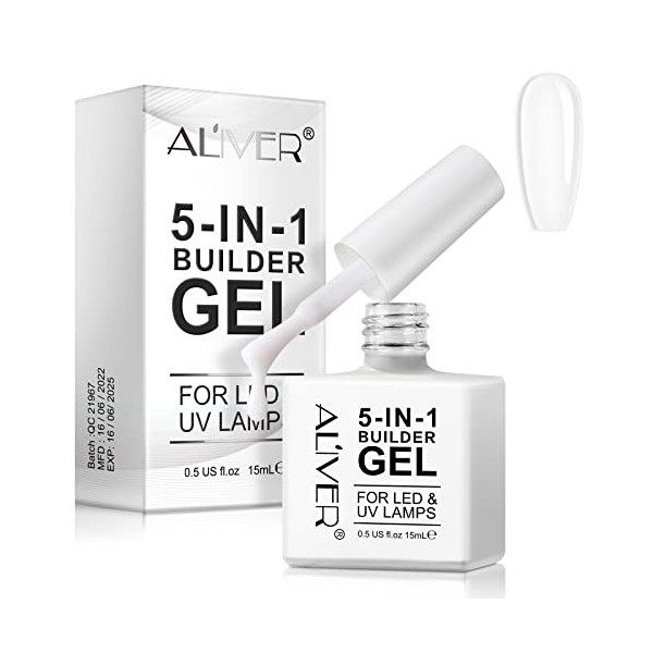 Gel Construction Ongle UV 5 en 1 15 ml, Transparent Builder Gel, Gummy Base Pose Americaine, UV/LED Gel Ongles pour Nail Exte