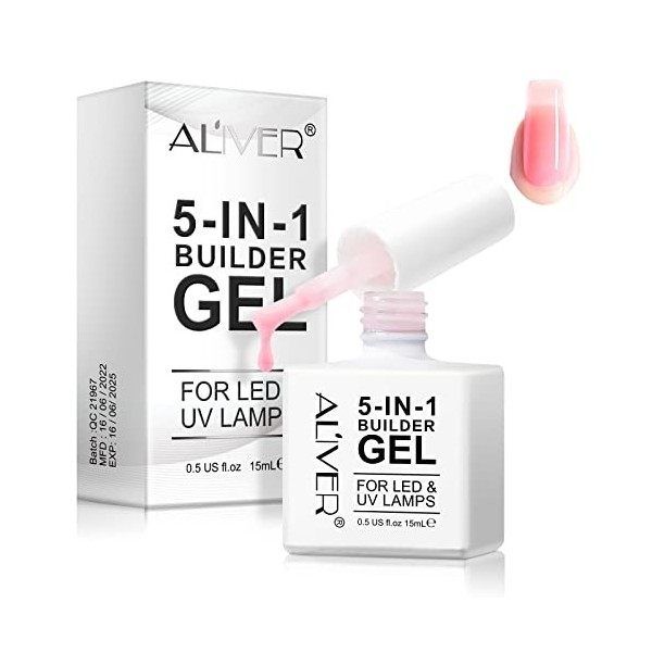 Gel Construction Ongle UV 5-En-1 15 ml, Transparent Builder Gel, Gel de base, Vernis à ongles LED pour Nail Extension, Répara...