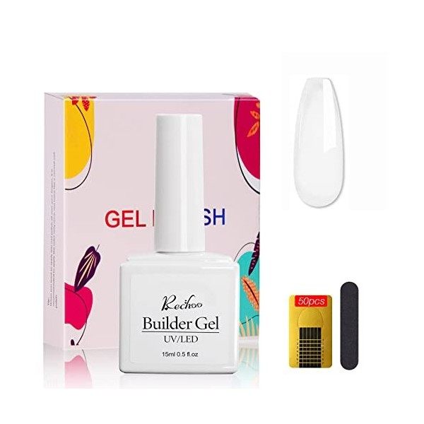 Rechoo 15ML Gel Builder 5 en 1- Blanc Gel Construction Ongle avec 50pcs Ongles en Forme pour lamélioration des Ongles, White