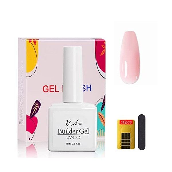 Rechoo 15ML Gel Builder 5 en 1- Blanc Gel Construction Ongle avec 50pcs Ongles en Forme pour lamélioration des Ongles, White