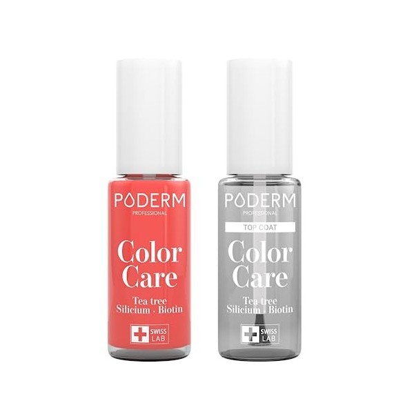 PODERM - LOT 2 PRODUITS | SOIN VERNIS PROFESSIONNEL | Top Coat Brillant Longue Tenue + Vernis ROSE CORAIL Tea Tree | Préventi