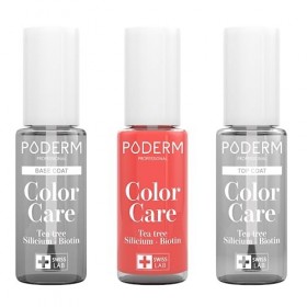 PODERM - LOT 3 PRODUITS | SOIN VERNIS PROFESSIONNEL COMPLET | Base Coat + Top Coat + Vernis Rose Corail TEA TREE | Prévention