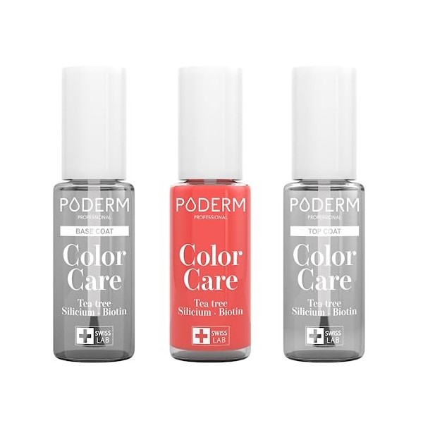 PODERM - LOT 3 PRODUITS | SOIN VERNIS PROFESSIONNEL COMPLET | Base Coat + Top Coat + Vernis Rose Corail TEA TREE | Prévention