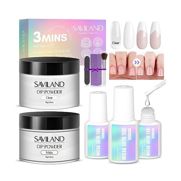 Saviland Kit de réparation pour ongles naturels, Dipping Powder clair et blanc avec Colle à ongles et Lime à ongles