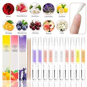 Lot de 10 stylos à huile pour cuticules - Pour ongles humides et traitements - 10 types dodeurs fruitées - Avec pinceau soup