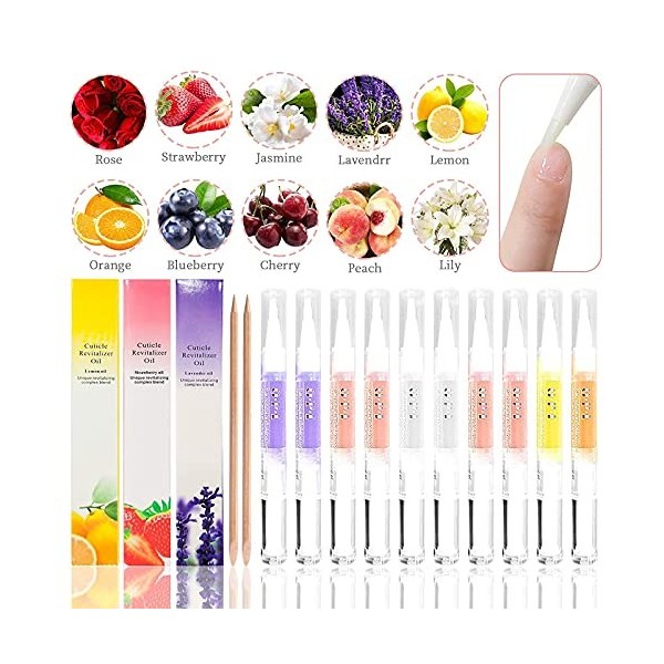 Lot de 10 stylos à huile pour cuticules - Pour ongles humides et traitements - 10 types dodeurs fruitées - Avec pinceau soup