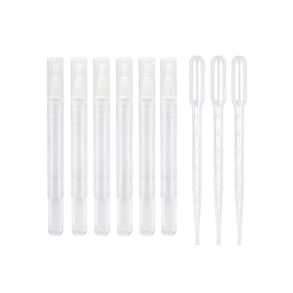 Lot de 6 stylos à huile vides de 3 ml avec 3 pipettes transparentes pour huile à ongles avec pointe pinceau, liquide de crois