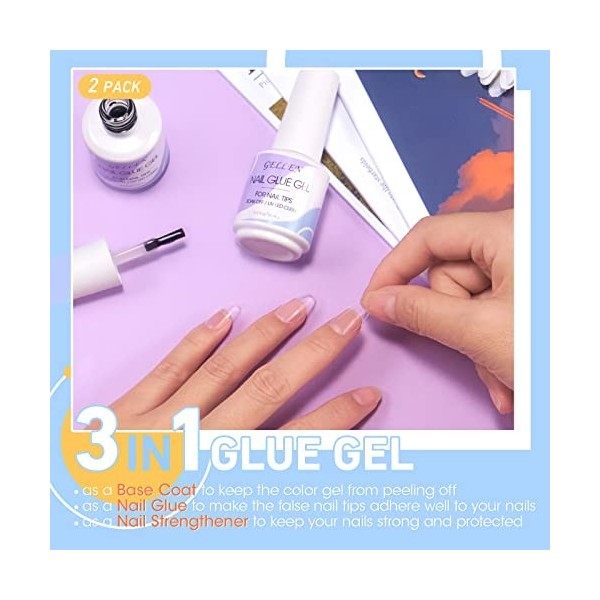 Gellen 2PCS 15ML Colle Faux Ongles 3 en 1 Nail Glue Gel Colle à Ongles Extra Fort Pour Ongles Gel Pose Americaine Gummy Base 