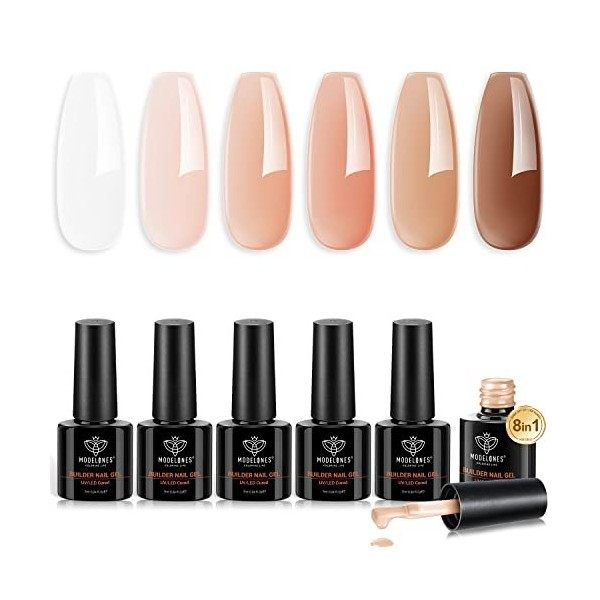 modelones 8-in-1 Gel Construction Ongle UV, 6PCS Nude Gummy Base Pose Americaine,Gel Builder Gel Pour Ongles, Vernis Semi Per