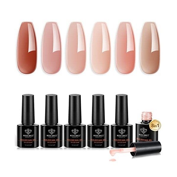 modelones 8-in-1 Gel Construction Ongle UV, 6PCS Nude Gummy Base Pose Americaine,Gel Builder Gel Pour Ongles, Vernis Semi Per