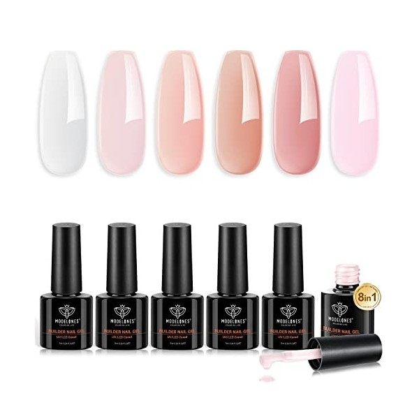 modelones 8-in-1 Gel Construction Ongle UV, 6PCS Nude Gummy Base Pose Americaine,Gel Builder Gel Pour Ongles, Vernis Semi Per