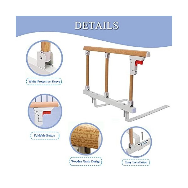 HePesTer Barre de chevet pliable en bois pour personnes âgées Facile à assembler HA06 Cadre de sécurité pour personnes âgées 