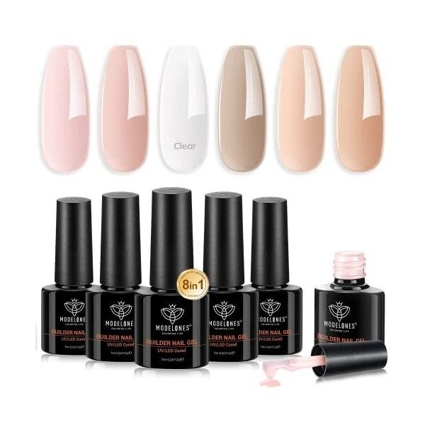 modelones Builder Gel, 8-in-1 Gel Construction Ongle UV,Gel pose Americaine, Gummy Base Pose Americaine, Colle Faux Ongles, R