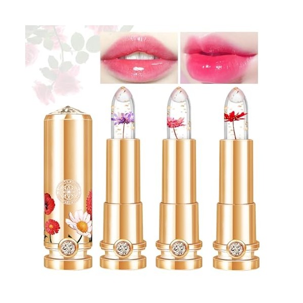 Desing Wish 3 Pièces Lot Rouge a Levre Magique Change Couleur Fleurs Transparent Jelly Lipstick Rouge Levre Mat Longue Tenue 