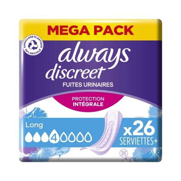 Always Discreet, 26 Serviettes Hygiéniques Incontinence Femme, Long 4 Gouttes, Protection Absorbante pour Fuites Urinaires Im