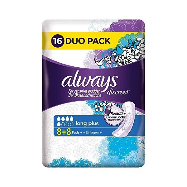 Always Discreet pour fuites urinaires Incontinence + long plus urinaires, Avantage Pack, 1er Pack 1 x 16 pièces 