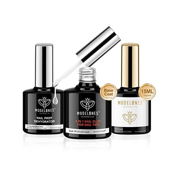 modelones Top Coat Semi Permanent et 4 en 1 Colle Faux Ongles et Nail Prep Set,Kit Vernis Semi Permanent, pour Des Extensions