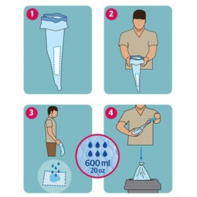 Lot de 20 sachets urinaires masques. Fermeture avec lacets intégrés. Dimensions : 18 x 40 cm. Absorbe 600 ml. Tout est solide