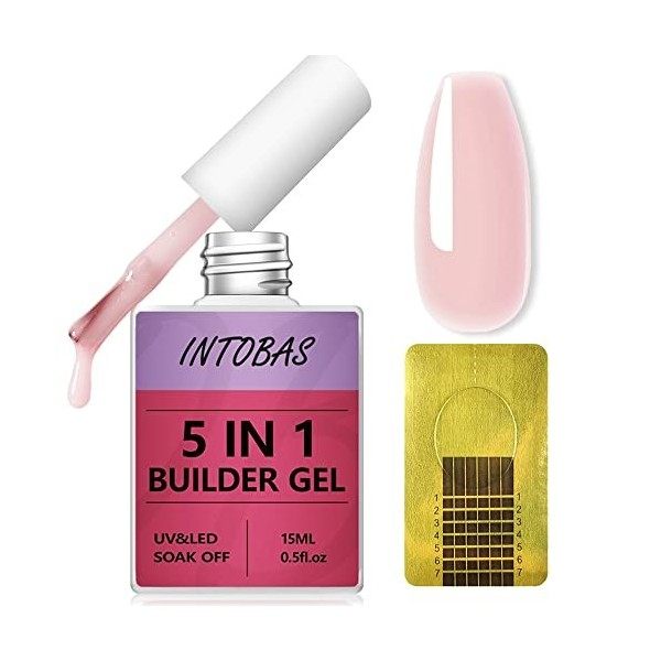 INTOBAS 15ml Builder Gel 5 en 1, Gel de Construction Ongle, Gel Pose Americain, Gummy Base, Base et Structure Avec 100Pcs Cha