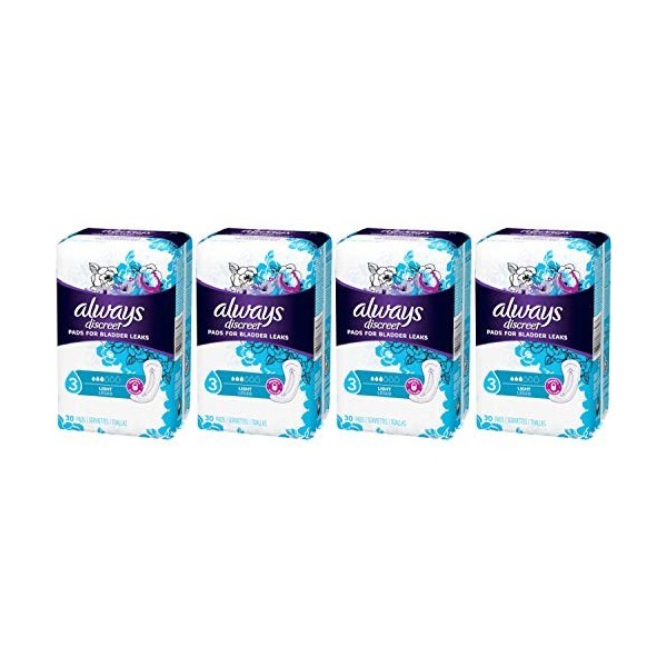 Always Discret, serviettes légères pour incontinence, 3 gouttes, 30 compresses chacune lot de 4 