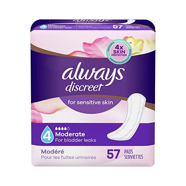 Always Discreet pour peaux sensibles, absorption modérée quatre fois, protection de la peau, doux, testé dermatologiquement, 