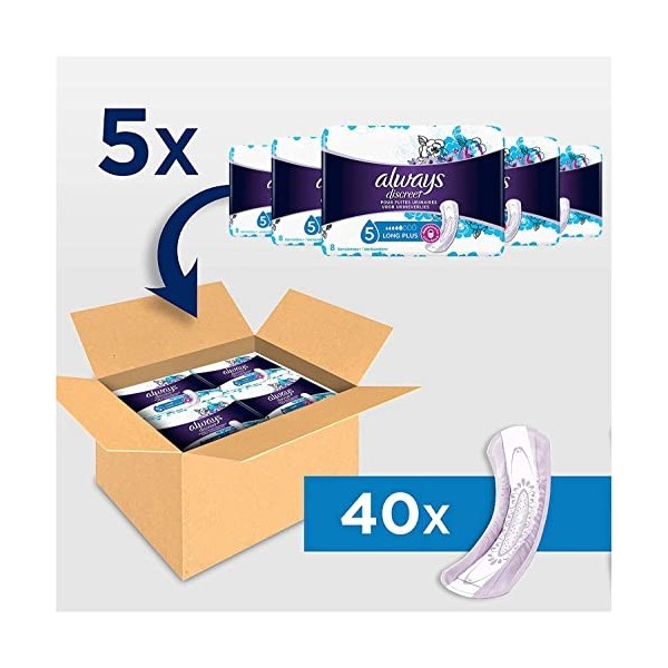 Always Discreet, 40 Serviettes Hygiéniques Incontinence Femme, Long plus 5 Gouttes, Protection Absorbante pour Fuites Urinair